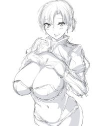 Rule 34 | 1girl, boudica (fate), bra, breasts, cleavage, cleavage cutout, clothing cutout, fate/grand order, fate (series), female focus, from above, gloves, greyscale, hands on own chest, hometa, huge breasts, jacket, monochrome, navel, open mouth, parted bangs, short ponytail, shrug (clothing), sketch, smile, solo, thong, underwear, upper body, white background