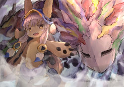 Rule 34 | 1girl, 1other, :d, absurdres, animal ears, belafu, body fur, brown fur, dot nose, fangs, fog, furry, furry female, hair ornament, headgear, highres, illustrattyako, long hair, looking at viewer, made in abyss, nanachi (made in abyss), open mouth, smile, teeth, upper teeth only, whiskers, white hair, yellow eyes
