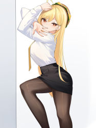 Rule 34 | 1girl, absurdres, ahoge, arms up, black skirt, blonde hair, brown pantyhose, covering own mouth, from side, hamburger hat, hat, highres, jingburger, knee up, long hair, long sleeves, looking at viewer, looking to the side, miniskirt, necktie, pantyhose, pencil skirt, red eyes, shirt, shirt tucked in, skirt, solo, standing, very long hair, virtual youtuber, waktaverse, white shirt, ziro (zirorong)
