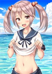 Rule 34 | 10s, 1girl, :d, blush, clothes lift, cloud, collarbone, day, flat chest, groin, hair bobbles, hair ornament, happy, highres, ichikawa feesu, image sample, kantai collection, lifted by self, navel, no bra, open mouth, pink eyes, pink hair, resolution mismatch, sazanami (kancolle), school uniform, see-through, serafuku, shirt, shirt lift, sky, smile, solo, source larger, stomach, twintails, upper body, water, water drop, wet, wet clothes, wet shirt