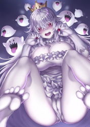 Rule 34 | 1girl, absurdres, barefoot, blush, boo (mario), breasts, cameltoe, cleavage, cleft of venus, collar, crown, dress, earrings, foot focus, frilled collar, frilled dress, frills, from below, ghost pose, gloves, has bad revision, has downscaled revision, highres, hikari (komitiookami), jewelry, large breasts, long hair, luigi&#039;s mansion, mario (series), md5 mismatch, new super mario bros. u deluxe, nintendo, nose blush, open mouth, pale skin, panties, princess king boo, puffy short sleeves, puffy sleeves, red eyes, resolution mismatch, sharp teeth, short sleeves, soles, solo focus, source smaller, super crown, teeth, tilted headwear, toes, tongue, tongue out, underwear, very long hair, white dress, white gloves, white hair, white panties