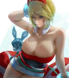 Rule 34 | 1girl, alternate breast size, bare shoulders, blonde hair, blue eyes, breasts, cleavage, creatures (company), game freak, gen 4 pokemon, glaceon, highres, huge breasts, irida (pokemon), large breasts, nintendo, oscuroii, pokemon, pokemon legends: arceus, short hair, smile, solo