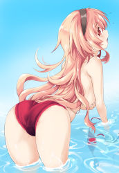 Rule 34 | 1girl, ass, blush, breasts, compa, covering privates, covering breasts, from behind, hair between eyes, hairband, iwashi dorobou -r-, large breasts, long hair, looking at viewer, neptune (series), open mouth, pink eyes, pink hair, water, wet