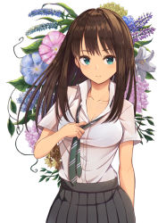 Rule 34 | 1girl, blue flower, blush, breasts, brown hair, cleavage, closed mouth, collarbone, collared shirt, commentary request, diagonal-striped clothes, diagonal-striped necktie, diagonal-striped neckwear, dress shirt, flower, green eyes, green neckwear, grey skirt, idolmaster, idolmaster cinderella girls, lily (flower), long hair, medium breasts, migimaki (migi mawashi), necktie, pink flower, pleated skirt, shibuya rin, shirt, simple background, skirt, smile, solo, striped clothes, striped neckwear, white background, white flower, white shirt, yellow flower