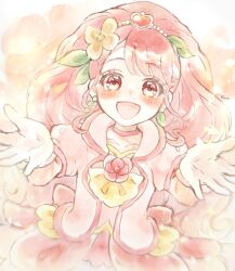 Rule 34 | 1girl, :d, blush, choker, commentary request, cure grace, dress, earrings, flower, flower brooch, gloves, hair flower, hair ornament, hanadera nodoka, healin&#039; good precure, heart, highres, jewelry, leaf earrings, long hair, looking at viewer, magical girl, open mouth, pink choker, pink dress, pink eyes, pink hair, precure, puffy sleeves, short sleeves, shortcake p, simple background, smile, solo, white gloves