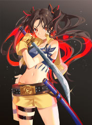 Rule 34 | &gt;:), 1girl, arm strap, bare shoulders, belt, black background, black hair, black ribbon, crop top, fate/grand order, fate (series), glint, gloves, hair ribbon, hamurekatsu, highres, holding, holding sword, holding weapon, ishtar (fate), long hair, looking at viewer, multicolored hair, navel, open clothes, open vest, orange eyes, red hair, ribbon, sheath, short shorts, shorts, simple background, solo, space ishtar (fate), space ishtar (second ascension) (fate), stomach, sword, tassel, thigh strap, twintails, two-tone hair, unsheathed, v-shaped eyebrows, very long hair, vest, weapon, yellow gloves, yellow shorts, yellow vest