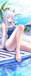 Rule 34 | 1girl, absurdres, barefoot, blue archive, blush, feet, highres, long hair, looking at viewer, mika (blue archive), one-piece swimsuit, parted lips, pink hair, poolside, suou makoto, swimsuit, toes, yellow eyes