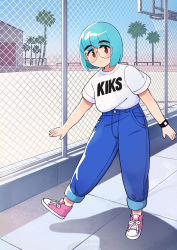 Rule 34 | 1girl, absurdres, aragon honnin, basketball hoop, blue hair, blush, bob cut, brown eyes, chain-link fence, closed mouth, day, denim, fence, glasses, highres, jeans, looking at viewer, original, outdoors, pants, pink footwear, round eyewear, shirt, shoes, short hair, short sleeves, smartwatch, sneakers, solo, standing, watch, white shirt, wristwatch