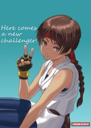 Rule 34 | 1girl, braid, breasts, brown eyes, brown hair, closed mouth, dougi, english text, fingerless gloves, gloves, headband, highres, kkzk61539201, long hair, looking at viewer, simple background, single braid, smile, solo, spandex, the king of fighters, v, yuri sakazaki