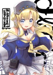 Rule 34 | 1girl, blonde hair, blue eyes, blush, breasts, cleavage, fletcher (kancolle), hair bun, kantai collection, large breasts, long hair, long sleeves, n:go, neckerchief, off shoulder, one-hour drawing challenge, open mouth, pleated skirt, red neckerchief, sailor collar, school uniform, serafuku, side bun, simple background, single side bun, skirt, smile, solo, twitter username, white background, white sailor collar, white skirt