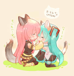 Rule 34 | 2girls, animal ears, animal hands, aqua hair, armband, beige background, belt, black shirt, black skirt, black sleeves, blouse, cat day, cat ears, cat tail, closed eyes, commentary, dated, detached sleeves, facing another, gloves, grey shirt, hair ornament, hatsune miku, highres, long hair, long skirt, megurine luka, miniskirt, mochityoko, multiple girls, noses touching, number tattoo, paw gloves, paw print, pink hair, pleated skirt, shirt, shoulder tattoo, sitting, skirt, sleeveless, sleeveless shirt, smile, tail, tattoo, tongue, tongue out, translated, twintails, very long hair, vocaloid, wariza