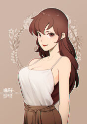 Rule 34 | 1girl, aulauly, breasts, brown eyes, brown hair, cleavage, closed mouth, flower, highres, large breasts, lips, long hair, lupin iii, mine fujiko, pants, shirt tucked in, smile, solo, standing, tank top, white flower, white tank top