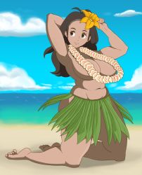 Rule 34 | 1girl, alola mother, antenna hair, arm behind head, arm up, armpits, barefoot, beach, belly, black hair, breasts, brown eyes, clenched hand, closed mouth, convenient censoring, creatures (company), dark-skinned female, dark skin, eyelashes, flower, flower necklace, from side, game freak, grass skirt, groin, gummidx, hair flower, hair ornament, highres, horizon, hula, jewelry, large breasts, lei, long hair, looking away, mature female, mother (pokemon), navel, necklace, nintendo, ocean, orange flower, outdoors, pokemon, pokemon sm, shadow, smile, solo, thick eyebrows, thick thighs, thighs, topless