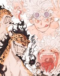 2boys :d adjusting_goggles alternate_form angry evil_grin evil_smile facial_hair gear_fifth giant goatee goggles goggles_on_head grin hagoromo highres leopard_boy male_focus mnnd monkey_d._luffy multiple_boys one_piece open_mouth red_eyes rob_lucci scar scar_on_face sharp_teeth shawl short_hair smile teeth tongue tongue_out white_hair