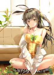 Rule 34 | 1girl, animal ears, bad id, bad pixiv id, bare shoulders, bow, breasts, brown eyes, brown footwear, brown hair, cleavage, closed mouth, collarbone, commentary request, couch, day, fake animal ears, green bow, green ribbon, hair between eyes, hair ribbon, head tilt, jacket, leotard, medium breasts, off shoulder, one side up, original, playboy bunny, pon (ponidrop), rabbit ears, rabbit girl, ribbon, sitting, smile, solo, sunlight, white jacket, window, wooden floor, yellow leotard