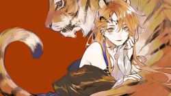 Rule 34 | 1girl, animal ears, animal print, brown eyes, chinese commentary, closed mouth, commentary request, earclip, earrings, feixuxu, film grain, highres, jewelry, long hair, looking at viewer, nail polish, orange hair, original, purple nails, smile, solo, tiger, tiger girl, tiger print