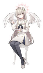 Rule 34 | 1girl, black neckerchief, black pantyhose, blue archive, blush, chair, closed mouth, cup, dress, flower, full body, grey footwear, hair flower, hair ornament, halo, high heels, holding, holding cup, holding saucer, light brown hair, long sleeves, looking at viewer, nagisa (blue archive), neckerchief, on chair, pantyhose, picter, pumps, sailor collar, saucer, simple background, sitting, smile, solo, teacup, white background, white dress, white flower, white sailor collar, white wings, wings, yellow eyes