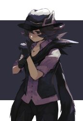 Rule 34 | 1boy, adjusting clothes, adjusting gloves, black gloves, black hat, black pants, black scarf, black vest, brown hair, buttons, closed mouth, collared shirt, cowboy shot, creatures (company), game freak, gloves, grey shirt, hat, highres, hilbert (fall 2020) (pokemon), hilbert (pokemon), jewelry, looking down, male focus, necklace, nintendo, official alternate costume, open clothes, open vest, pants, pokemon, pokemon masters ex, scarf, shirt, short hair, sleeves rolled up, solo, tarai (yamadarairai), vest
