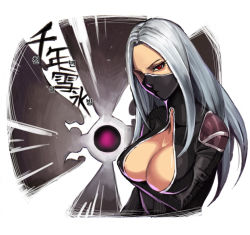 Rule 34 | 1girl, artist request, breasts, cleavage, irelia, large breasts, league of legends, long hair, looking at viewer, mask, nightblade irelia, red eyes, silver hair, simple background, solo, translation request, white background