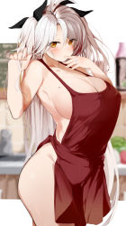 Rule 34 | 1girl, apron, azur lane, bare arms, bare shoulders, black ribbon, blurry, blurry background, blush, breasts, cleavage, commentary request, cowboy shot, hair between eyes, hair ribbon, hand to own mouth, hand up, hands up, jewelry, large breasts, mole, mole on breast, naked apron, prinz eugen (azur lane), raru (nanaharararu), red apron, ribbon, ring, solo, standing, thighs, two side up, yellow eyes