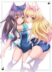 Rule 34 | &gt;:), 2girls, ahoge, animal ear fluff, animal ears, ass, blonde hair, blue bow, blue eyes, blue one-piece swimsuit, blush, bow, breasts, brown eyes, brown hair, closed mouth, comiket 99, commentary request, hair between eyes, hair bow, highres, hug, long hair, medium breasts, multiple girls, old school swimsuit, one-piece swimsuit, open clothes, open mouth, open shirt, original, pink bow, puffy short sleeves, puffy sleeves, school swimsuit, shirt, short sleeves, smile, swimsuit, swimsuit under clothes, thighhighs, usaginezumi, v-shaped eyebrows, very long hair, white background, white legwear, white shirt