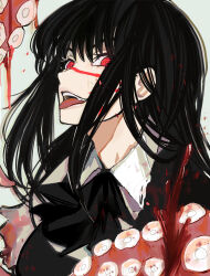 Rule 34 | 1girl, absurdres, ascot, black ascot, black dress, black hair, blood, chainsaw man, collared shirt, commentary, dress, fourth east high school uniform, highres, long hair, looking at viewer, pinafore dress, red eyes, ringed eyes, sailen0, scar, scar on face, school uniform, shirt, simple background, sleeveless, sleeveless dress, smile, solo, tentacles, tongue, tongue out, white background, white shirt, yoru (chainsaw man)