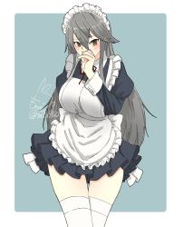 Rule 34 | 1girl, alternate costume, apron, artist logo, black dress, black hair, blue background, border, brown eyes, cowboy shot, dress, enmaided, frilled apron, frills, hair ornament, hairclip, haruna (kancolle), highres, kantai collection, long hair, maid, maid apron, maid headdress, mochizou, one-hour drawing challenge, signature, solo, string tie, two-tone background, white apron, white border, white legwear, wrist cuffs
