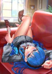 Rule 34 | 1girl, absurdres, barefoot, between fingers, black hairband, black thighhighs, blue eyes, blue hair, blush, breasts, candy, chocolate, chocolate bar, couch, crossed legs, dress, earrings, eating, eyelashes, feet, food, foreshortening, full body, hairband, hands up, highres, holding, hololive, hoshimachi suisei, indoors, jagoo, jewelry, legs, lens flare, long hair, long sleeves, looking at viewer, lying, mouth hold, no shoes, on back, plaid, plaid dress, removing legwear, ring, sakura miko, see-through, see-through legwear, shiny skin, short dress, single thighhigh, small breasts, solo, stud earrings, thighhighs, thighs, toe scrunch, toes, virtual youtuber