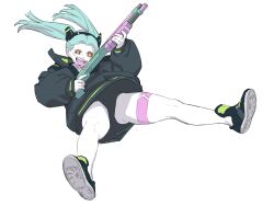 Rule 34 | 1girl, :d, absurdres, artificial eye, black jacket, colored sclera, colored skin, commentary request, cyberpunk (series), cyberpunk edgerunners, cyborg, full body, green hair, gun, highres, holding, holding gun, holding weapon, jacket, kaneko yuuto, leg tattoo, legs, long hair, looking at viewer, mechanical eye, neck tattoo, open mouth, pink tattoo, rebecca (cyberpunk), red pupils, red sclera, samurai jacket (cyberpunk), shotgun, smile, solo, tattoo, thighs, twintails, weapon, white background, white skin