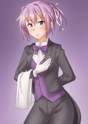 Rule 34 | 1girl, alternate costume, anti (untea9), arm behind back, black pants, black suit, blue eyes, bow, bowtie, butler, closed mouth, cowboy shot, female butler, formal, gloves, gradient background, hair between eyes, hair ribbon, high ponytail, highres, kantai collection, looking at viewer, pant suit, pants, pink hair, purple background, purple bow, purple bowtie, purple vest, ribbon, shiranui (kancolle), shirt, short hair, short ponytail, solo, suit, vest, white gloves, white ribbon, white shirt
