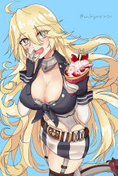 Rule 34 | 1girl, asymmetrical legwear, belt buckle, blonde hair, blue eyes, breasts, buckle, chamumi (mochiumee), cleavage, collar, commentary request, crepe, fang, fingerless gloves, food, food on face, front-tie top, garter straps, gloves, highres, iowa (kancolle), kantai collection, large breasts, metal collar, miniskirt, mismatched legwear, one-hour drawing challenge, skin fang, skirt, solo, star-shaped pupils, star (symbol), striped clothes, striped thighhighs, symbol-shaped pupils, thighhighs, vertical-striped clothes, vertical-striped thighhighs