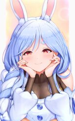 Rule 34 | 1girl, animal ear fluff, animal ears, blue hair, blush, braid, braided ponytail, detached sleeves, highres, hololive, long hair, looking at viewer, mature female, multicolored hair, napozouattop, pekomama, rabbit-shaped pupils, rabbit ears, rabbit girl, red eyes, short eyebrows, smile, solo, symbol-shaped pupils, thick eyebrows, two-tone hair, upper body, virtual youtuber, white hair