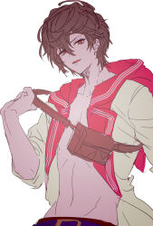 Rule 34 | 1boy, adjusting clothes, ahoge, brown hair, commentary request, cropped arms, fanny pack, granblue fantasy, hair between eyes, highres, hood, hood down, jacket, looking at viewer, makita (homosapiensu), male focus, messy hair, official alternate costume, open clothes, open jacket, parted lips, red eyes, sandalphon (granblue fantasy), sandalphon (summer) (granblue fantasy), short hair, sketch, solo, upper body, white background