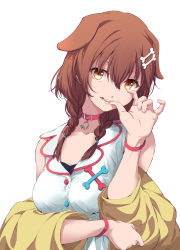 Rule 34 | 1girl, absurdres, animal ears, biting, biting own thumb, bone hair ornament, braid, breasts, brown hair, collar, commentary, dog ears, dress, finger biting, hair between eyes, hair ornament, hey oh much, highres, hololive, inugami korone, inugami korone (1st costume), jacket, looking at viewer, medium breasts, medium hair, off shoulder, open mouth, orange eyes, red collar, simple background, sleeveless, sleeveless dress, solo, teeth, biting own thumb, twin braids, upper body, virtual youtuber, white background, white dress, white jacket, wristband, yellow jacket