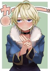 Rule 34 | 1girl, absurdres, ahoge, belt buckle, belt collar, black collar, blonde hair, blue eyes, blue jacket, blush, breasts, buckle, closed mouth, collar, cropped jacket, fire emblem, fire emblem engage, fur collar, hair between eyes, highres, jacket, jewelry, looking to the side, medium breasts, merrin (fire emblem), nintendo, nose blush, okun0325, open clothes, open jacket, own hands together, ring, short hair, single hair intake, smile, solo, speech bubble, spoken blush, straight-on, wavy mouth
