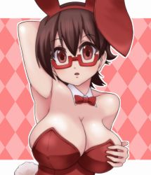 Rule 34 | 1girl, :o, animal ears, argyle, argyle background, argyle clothes, arm behind head, arm up, armpits, bare shoulders, blush, bow, bowtie, breasts, brown eyes, brown hair, checkered background, cleavage, fake animal ears, female focus, glasses, grabbing, grabbing another&#039;s breast, hairband, k-on!, landolt tamaki, large breasts, leotard, looking at viewer, manabe nodoka, open mouth, playboy bunny, rabbit ears, red-framed eyewear, semi-rimless eyewear, short hair, solo, tail, under-rim eyewear, upper body