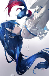 Rule 34 | 1girl, air bubble, animal, bare shoulders, blazpu, blue bracelet, blue choker, blue eyes, blue hair, bracelet, bubble, choker, covered navel, eyelashes, fingernails, fish, gradient background, hair over one eye, highres, holding own arm, jewelry, long hair, mole, mole under eye, original, parted lips, thighhighs, water, white thighhighs