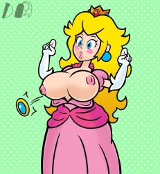 Rule 34 | 1girl, accidental exposure, artist logo, bad id, bad twitter id, blonde hair, blue eyes, blue gemstone, blush stickers, bouncing breasts, breasts, breasts out, brooch, crown, depressivedynamite, dress, earrings, elbow gloves, eyelashes, flying button, gem, gloves, green background, hands up, highres, jewelry, large breasts, leaning back, lips, long dress, long hair, mario (series), motion lines, nintendo, nipples, parted lips, pink dress, pink lips, polka dot, polka dot background, popped button, princess, princess peach, puffy short sleeves, puffy sleeves, short sleeves, solo, sphere earrings, super mario bros. 1, surprised, unaligned breasts, wardrobe malfunction, white gloves