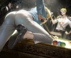 Rule 34 | 5boys, alternate costume, aqua shirt, ass, billiards, blonde hair, cigarette, coat, coat on shoulders, earrings, feet, formal, green hair, hair over one eye, jewelry, large pectorals, male focus, multiple boys, one piece, pants, partially unbuttoned, pectoral cleavage, pectorals, roronoa zoro, runa (nori31291404), sanji (one piece), scar, scar on chest, shirt, shoes, short hair, sideburns, single earring, smoking, toned, toned male, white pants, white shirt