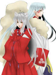 Rule 34 | 2boys, animal ears, back-to-back, brothers, dog ears, facial mark, hexagon, highres, inuyasha, inuyasha (character), japanese clothes, jewelry, long hair, male focus, matano maya, multiple boys, necklace, pointy ears, sesshoumaru, siblings, silver hair, simple background, white background, yellow eyes