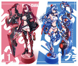 Rule 34 | 2girls, armband, armor, armored boots, armpits, arrow (symbol), badge, bare shoulders, belt, black gloves, black jacket, black panties, blue gloves, blue hair, blue jacket, boots, bottle cap, breasts, center opening, cleavage, closed mouth, coca-cola, commentary request, crop top, full body, gloves, groin, hair bun, heirou, high collar, high heel boots, high heels, holding, holding sword, holding weapon, honda keisuke, huge weapon, jacket, large breasts, long hair, long sleeves, looking at viewer, medium breasts, midriff, miniskirt, multicolored hair, multiple girls, navel, off shoulder, open clothes, open fly, open jacket, original, outstretched arm, panties, pepsi, pepsi japan cola challenge (meme), pepsiman, recycling symbol, red eyes, red hair, shirt, short shorts, shorts, shoulder tattoo, side bun, sidelocks, single hair bun, single side bun, skin tight, skirt, sleeveless, sleeveless shirt, sleeveless turtleneck, smile, soda, soda bottle, standing, stomach, strap, sword, tattoo, thigh boots, thighhighs, thighs, turtleneck, two-tone hair, two-tone legwear, underwear, v-shaped eyebrows, weapon, white shirt, white shorts, white skirt, zettai ryouiki