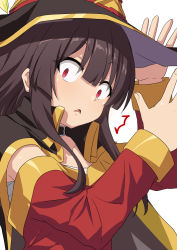 Rule 34 | 1girl, black choker, black hat, brown cape, brown hair, cape, choker, commentary request, dress, hair between eyes, hands up, hat, kono subarashii sekai ni shukufuku wo!, long hair, long sleeves, looking to the side, megumin, off-shoulder dress, off shoulder, parted lips, partial commentary, red dress, red eyes, sidelocks, simple background, solo, surprised, umarutsufuri, upper body, white background, witch hat
