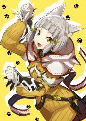 Rule 34 | 1girl, animal ear fluff, animal ears, animal hood, aono shimo, bad id, bad twitter id, blunt bangs, blush, bodysuit, cat ears, cowboy shot, dagger, gloves, highres, hood, knife, looking at viewer, nia (xenoblade), nintendo, paw pose, paw print, paw print background, short hair, silver hair, simple background, smile, solo, weapon, white gloves, xenoblade chronicles (series), xenoblade chronicles 2, yellow bodysuit, yellow eyes