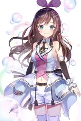Rule 34 | 1girl, aqua eyes, arm warmers, arms at sides, artist name, azur lane, bare shoulders, black necktie, bow, breasts, brown hair, bubble, buttons, cowboy shot, detached sleeves, double-breasted, frilled wrist cuffs, frills, hairband, highres, kizuna ai, kizuna ai (elegant), kizuna ai (elegant) (azur lane), kizuna ai inc., long hair, looking at viewer, multicolored hair, navel, necktie, pink bow, pink hair, pink hairband, pink ribbon, posom, ribbon, shirt, shorts, sideboob, sleeveless, sleeveless shirt, smile, solo, standing, streaked hair, swept bangs, thighhighs, virtual youtuber, white background, white shorts, white thighhighs, wind, wrist cuffs