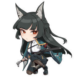 1girl animal_ear_fluff animal_ears black_footwear black_gloves black_hair black_necktie black_pantyhose black_skirt blunt_bangs boots cel_da_lin chibi closed_mouth dress_shirt fingerless_gloves fox_ears fox_girl gloves green_jacket high-waist_skirt highres holding holding_sword holding_weapon hoshimi_miyabi jacket katana long_hair looking_to_the_side necktie pantyhose red_eyes shirt sidelocks simple_background skirt solo sword weapon white_background white_shirt zenless_zone_zero