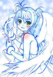 Rule 34 | 00s, 1girl, aeru (simoun), angel wings, antenna hair, bare shoulders, blue background, blue theme, blush, bow, breasts, camisole, colored eyelashes, double bun, feathers, green eyes, hair bow, hair bun, holding, looking at viewer, monochrome, neck ribbon, nishida asako, partially colored, ribbon, sideboob, simoun, sketch, sleeveless, smile, solo, spot color, wings, wristband