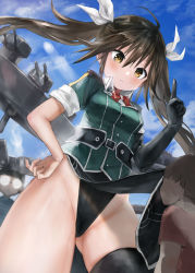 Rule 34 | 1girl, 2boys, black gloves, black hair, black thighhighs, blush, brown eyes, closed mouth, commission, elbow gloves, glasses, gloves, hair between eyes, hair ribbon, kantai collection, long hair, machinery, multiple boys, pelvic curtain, ribbon, rigging, short hair, short sleeves, single elbow glove, single thighhigh, skeb commission, thighhighs, toka (marchlizard), tone (kancolle), turret, twintails, white ribbon