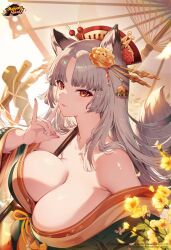 Rule 34 | 1girl, animal ear fluff, animal ears, breasts, commentary, copyright name, english commentary, flower, fox ears, fox girl, fox shadow puppet, fox tail, green kimono, grey hair, hair flower, hair ornament, hand up, highres, huge breasts, japanese clothes, kat (bu-kunn), kimono, logo, long hair, looking at viewer, mahjong soul, off shoulder, official art, oil-paper umbrella, orange eyes, parted lips, second-party source, smile, solo, tail, tojo kurone, umbrella, upper body