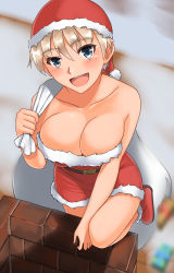 Rule 34 | 1girl, blue eyes, blush, brave witches, breasts, cleavage, collarbone, hat, highres, hiroshi (hunter-of-kct), large breasts, looking at viewer, nikka edvardine katajainen, open mouth, santa costume, santa hat, short hair, smile, solo, white hair, world witches series