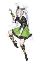 Rule 34 | 1girl, abstract, black suit, boots, breasts, collared shirt, concept art, earrings, fingernails, floating hair, green skirt, grey hair, gun, hair ornament, high-waist skirt, highres, holding, holding gun, holding weapon, hoop earrings, jewelry, light bulb, lips, long fingernails, long hair, long sleeves, looking at viewer, md5 mismatch, medium breasts, original, ornate, parted lips, shirt, simple background, skirt, skull, solo, suit, twintails, very long hair, weapon, white background, wing collar, yellow eyes